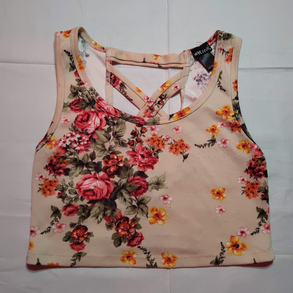 Wet Seal Crop Top Women's Small Floral Criss-Cross Back Short Sleeve Shirt